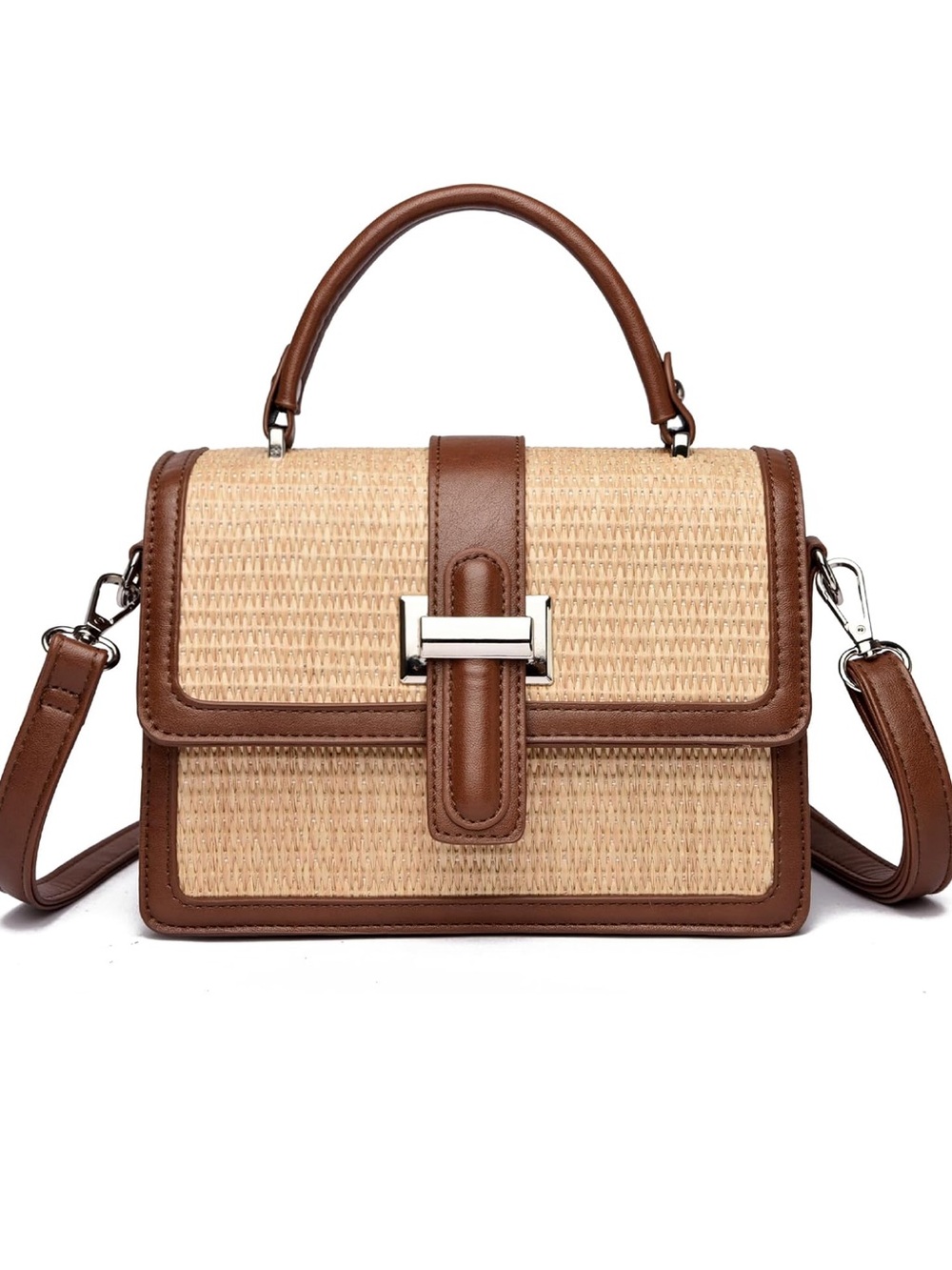Woven Straw Top Handle Crossbody Satchel Bag – Brown & Natural